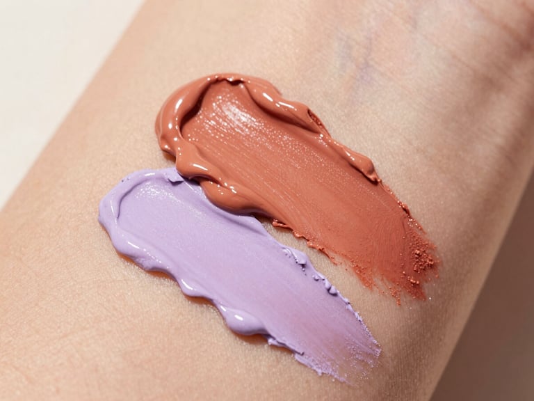 Macro close-up of creamy terracotta and soft lilac makeup smears on unretouched skin, warm natural daylight, 35mm lens