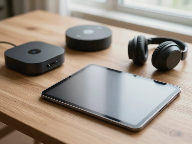 Overhead flat-lay of modern consumer electronics, a sleek tablet, wireless headphones, and a smart home hub on a clean wooden desk, soft natural window light, shallow depth of field.
