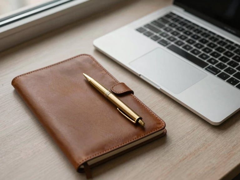 An overhead flat-lay of modern workspace essentials including a sleek laptop, a leather notebook, and a brass pen, soft natural light, editorial style