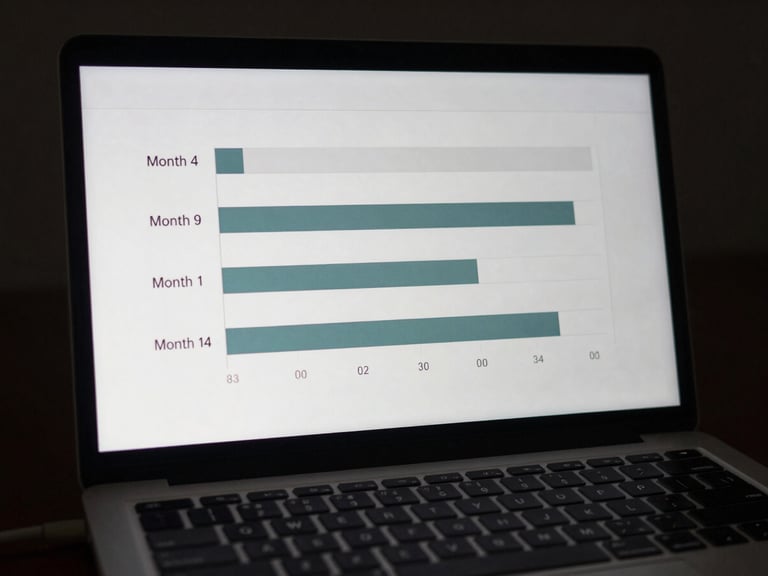 Close-up of a laptop screen displaying a simple horizontal bar chart with three rows labeled Month 4, Month 9, Month 14, screen glow illuminating the keyboard below, dark background, no faces or decorative elements, documentary framing