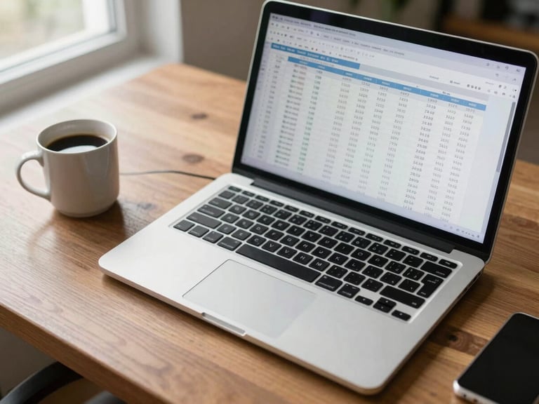 Close-up wide shot from above at an angle: a wooden desk surface with an open laptop showing a spreadsheet with revenue figures, a coffee mug to the left, natural daylight coming through a window off-frame, screen glow as secondary light, no person visible — just the workspace mid-session