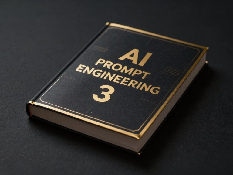 A premium dark tech-themed book mockup with gold accent borders, displaying 'AI PROMPT ENGINEERING' on the cover, moody low-key lighting