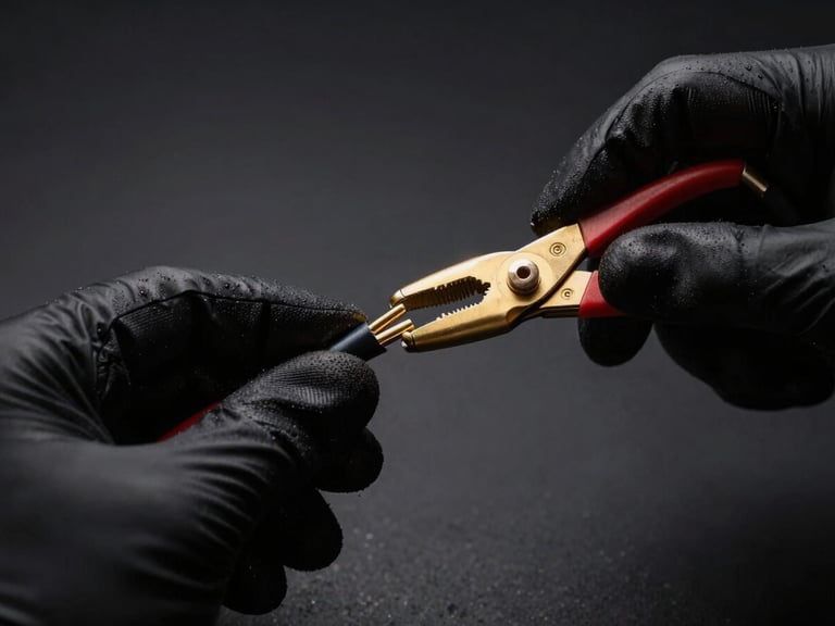 Hands of a technician wearing black gloves carefully stripping a coaxial cable with professional tools, dark background, sharp gold rim-light.