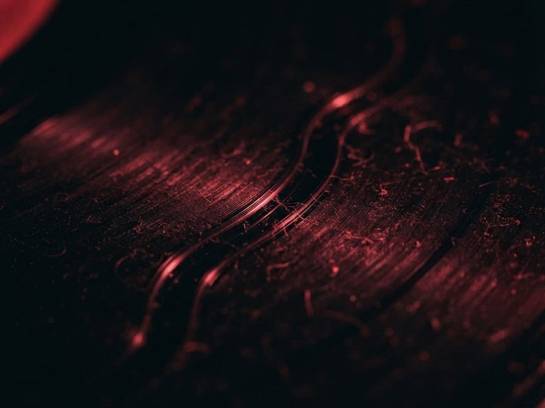 Macro close-up of a vinyl record groove, dust particles caught in moody low-key red light, 35mm film grain, high contrast.