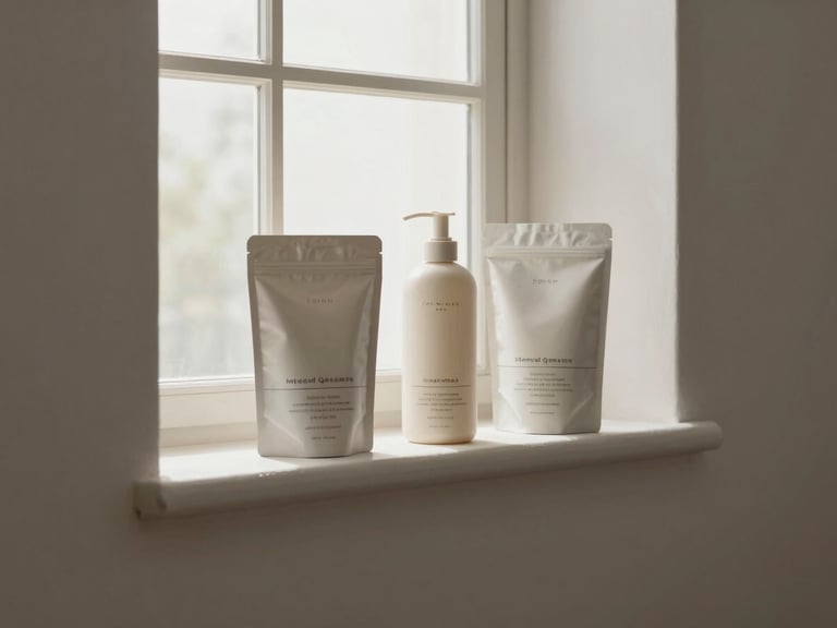 Architectural composition of clean, premium consumer goods packaged in neutral tones, soft natural window light, 35mm lens