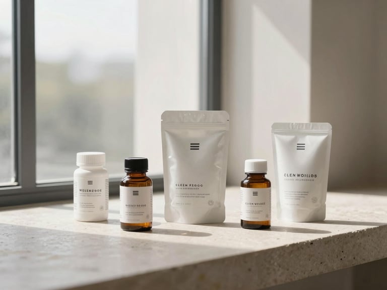 High-end clean-packaged wellness products arranged on a stone surface under soft natural window light, architectural corporate composition.