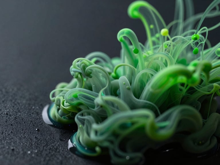 Macro photograph of physical ink-in-water mixing with sharp precision, high-contrast cool studio lighting, deep charcoal and neon green tones.