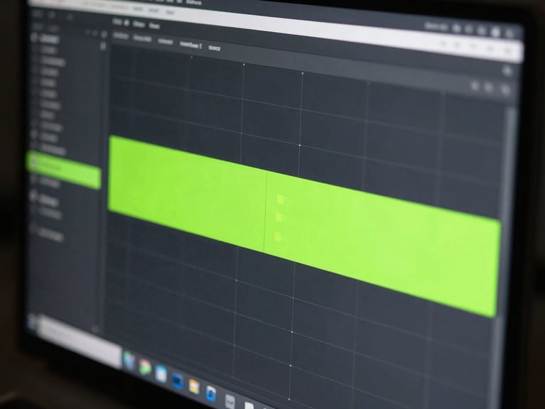 Sleek editorial close-up of a modern design studio monitor displaying technical grid lines and creative layouts, dramatic shadows.