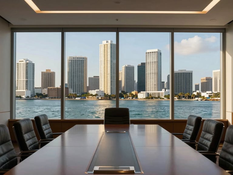 Executive boardroom with wide coastal views of Miami skyline, sharp architectural focus, 35mm lens.