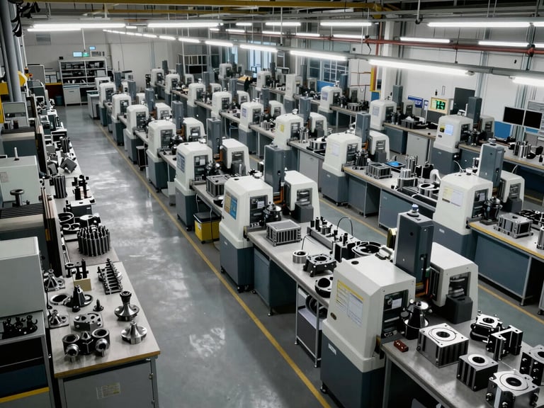 Wide overhead shot of a well-organized automotive component manufacturing floor, CNC machines and assembly stations arranged in clear rows under industrial fluorescent lighting, metal components at various stages of machining visible on workbenches, no people present — only equipment and order