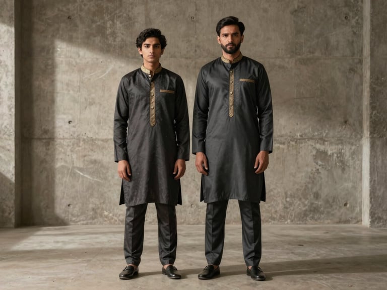 Father and son models in matching charcoal shalwar kameez and gold-accented waistcoats, standing in a minimalist concrete interior with soft side-shadows, full-length editorial shot, matte-finished cotton.