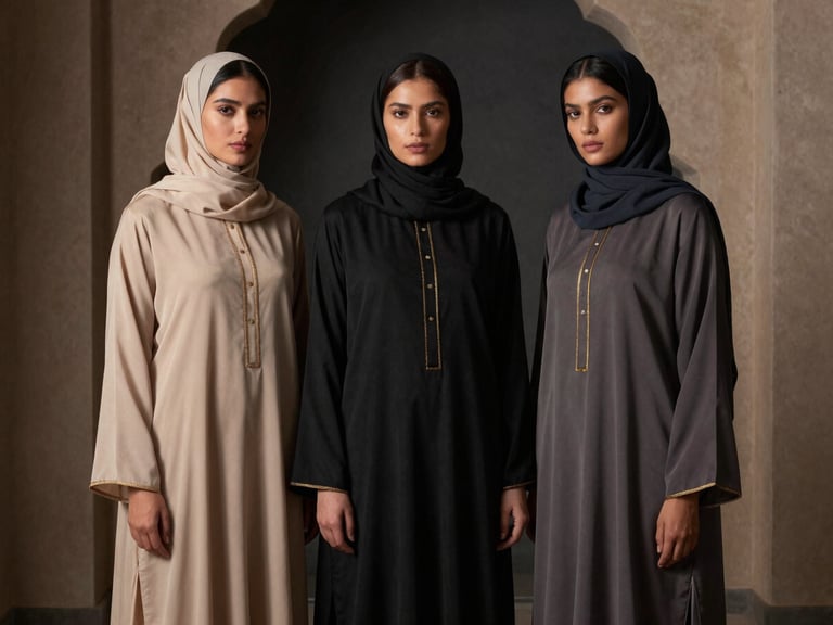 Models in festive Eid wear, rich matte-finished cotton, subtle gold accents, captured with dramatic studio key light against a deep charcoal backdrop.