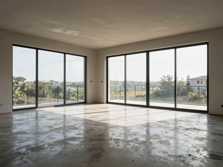 Wide interior shot of a finished room in a completed residential project, floor-to-ceiling glazing on one wall, polished concrete floor reflecting ambient daylight, empty space showing architectural proportion, no furnishings