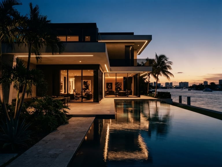 Sleek editorial photography of a modern minimalist villa in Miami at sunset, dramatic architectural lighting, warm ambient interior glows, deep obsidian and warm amber tones, photorealistic 35mm.