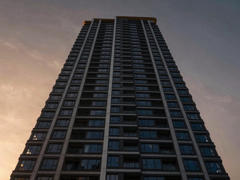 Wide-angle architectural perspective of a luxury residential high-rise tower, dramatic sunset lighting, high-contrast shadows, deep obsidian tones, photorealistic 35mm.