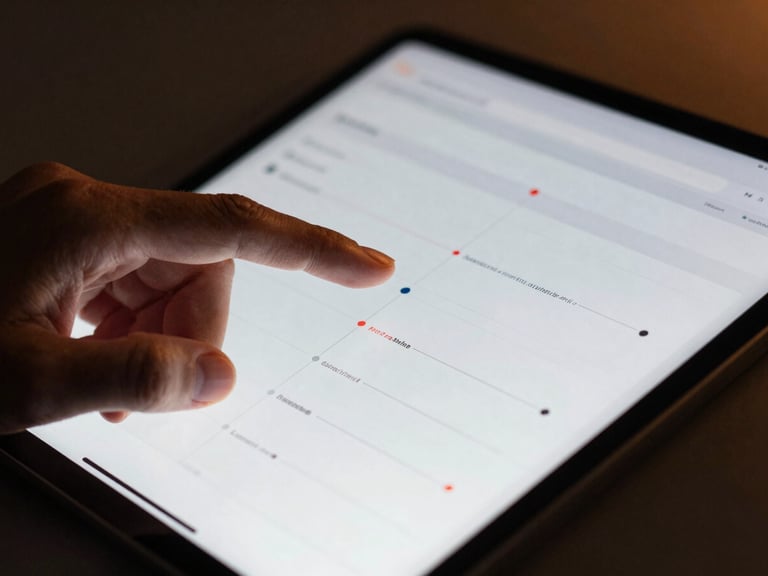 Tight macro-focused detail of hands interacting with a high-end tablet displaying clean structured UI mockups of automated workflows, dramatic lighting, photorealistic 35mm.