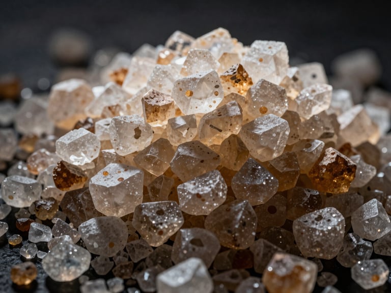 Close-up of medium-sized, geometric salt crystals, high-contrast, side-lit to show depth, industrial editorial photography.