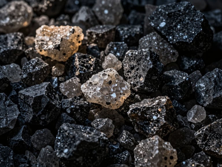 Textured macro shot of large, irregular coarse salt crystals, stark contrast, side-lighting highlights rough edges, deep slate tones.