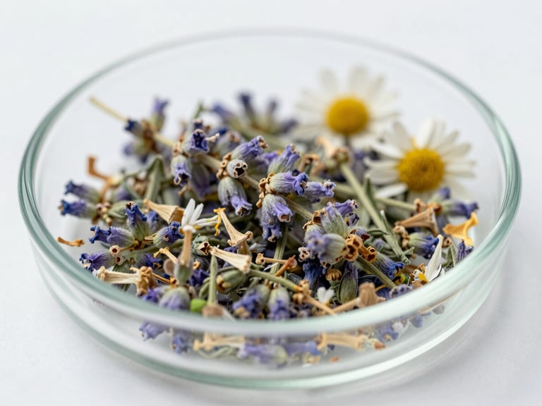 Macro shot of dried lavender flowers and chamomile petals in a clean laboratory glass dish, bright clinical daylight, soft green tones