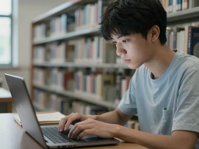 Focused high school student typing on a laptop in a library, subtle screen glow on their face, cool muted tones