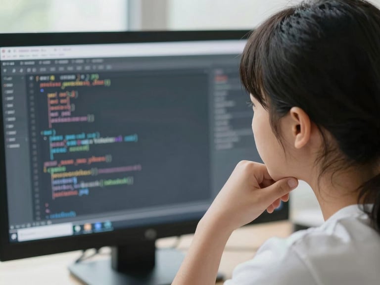 Over-the-shoulder shot of a thoughtful high school student looking at a clean digital interface with code, soft natural daylight, cool muted tones.