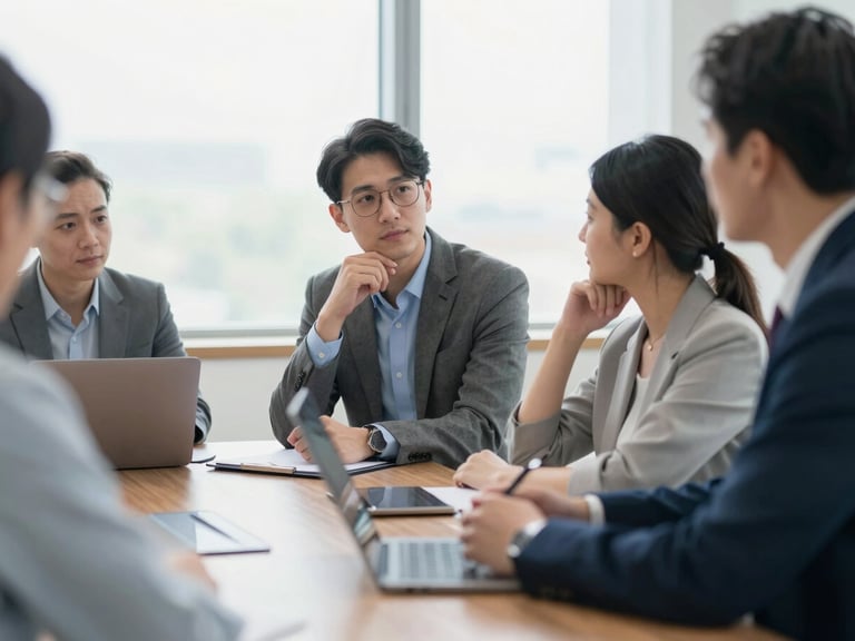 A collaborative meeting of school administrators around a wooden table in a brightly lit conference room, professional atmosphere