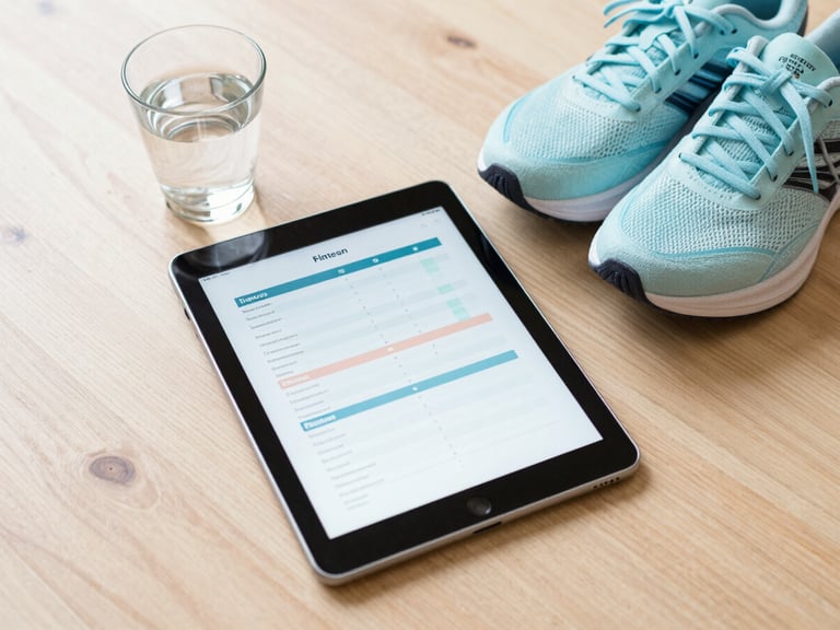 An overhead flatlay of a tablet showing a colorful fitness planner, next to a glass of water and a pair of pastel blue running shoes on a light wood floor.