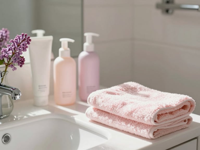 A bright bathroom vanity with morning sun, featuring clean beauty products, a soft pink towel, and a lilac flower in a small vase, shallow depth of field.