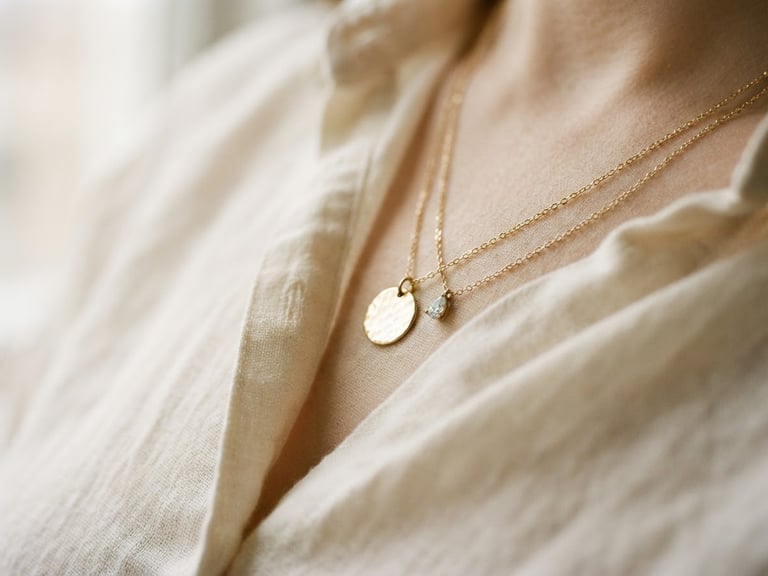 warm editorial photography, soft natural window light, muted pastel and cream tones, close-up of delicate gold jewelry resting on a soft linen shirt