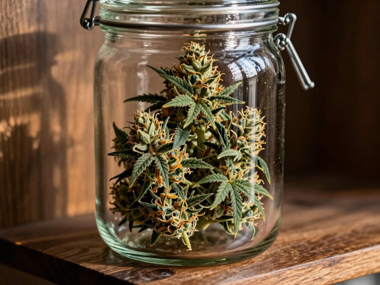 Close-up macro shot of clean, well-trimmed cannabis flower inside an elegant glass jar on a dark wooden shelf, warm afternoon sunlight casting soft shadows.