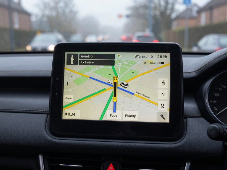 Close-up of a dashboard-mounted navigation screen showing a complex UK town center route, early morning depot mist visible through the windshield.