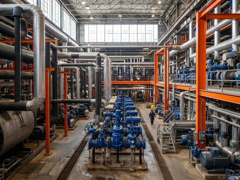 Wide environmental shot of a massive industrial mechanical room with complex piping, blue valves, and safety orange steel supports under clean high-contrast lighting.