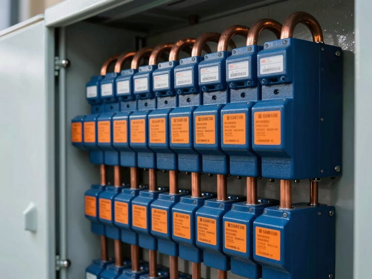 Close-up of a heavy-duty industrial electrical switchgear panel with orange safety labels and thick copper busbars, high-contrast.