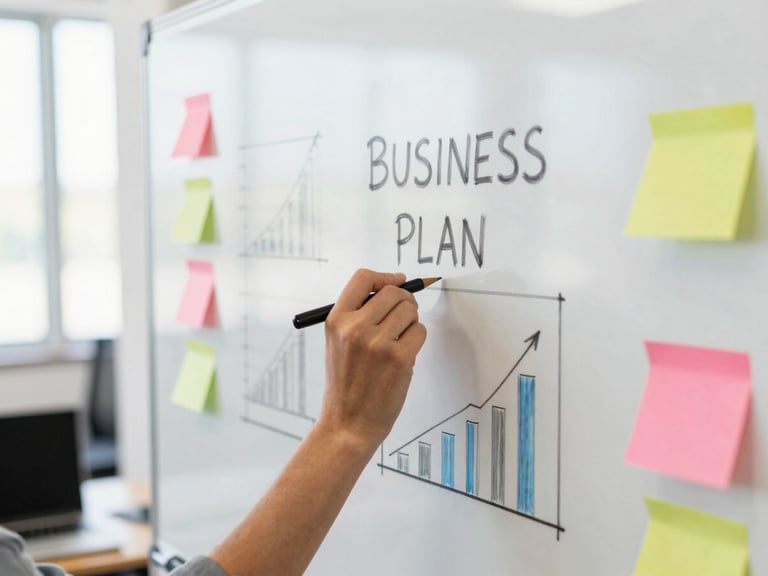 A close-up of hands sketching a business plan canvas on a whiteboard, with colorful sticky notes and financial graphs visible on a table below, bright natural light, professional environment