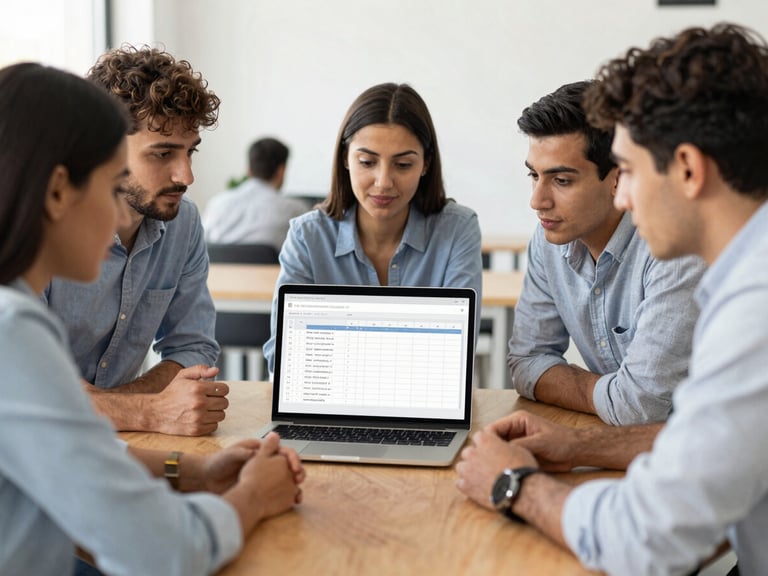 A diverse team of young Egyptian professionals collaborating around a wooden table in a bright modern workspace, looking at a laptop screen showing project management timelines