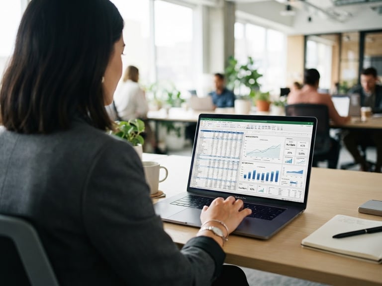 Over-the-shoulder shot of a modern financial dashboard on a laptop screen, clean spreadsheets, bright daylight office, professional atmosphere, shallow depth of field, 35mm
