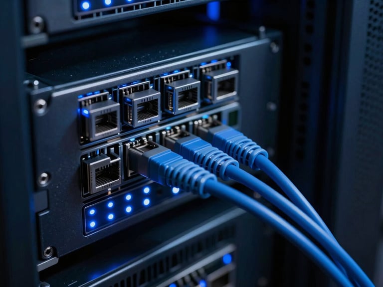 Macro shot of a high-performance server rack, cool blue LED indicator lights, sharp focus on structured ethernet cables, dark background