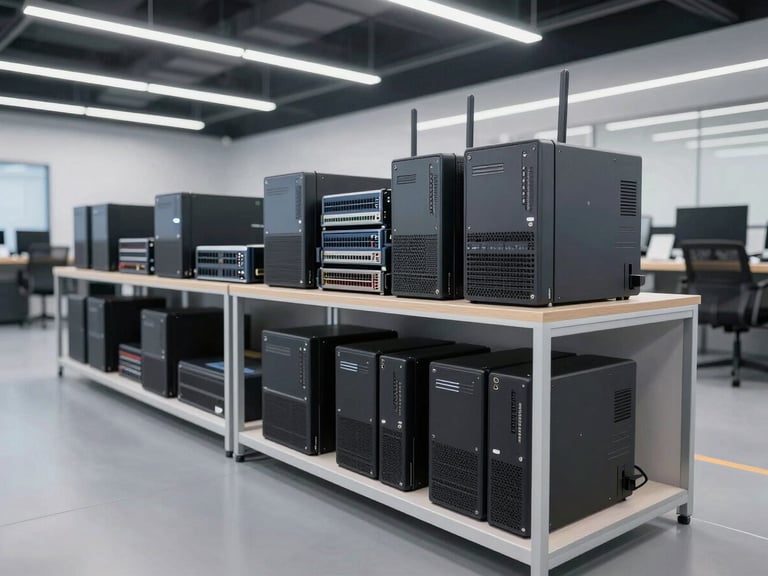 Wide architectural shot of a clean, modern corporate hardware staging area, neatly stacked enterprise switches and routers in boxes, cool professional lighting.