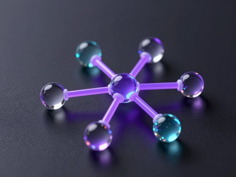 Isometric 3D perspective of translucent glass nodes connected by neon violet light paths, dark obsidian background, sleek depth of field