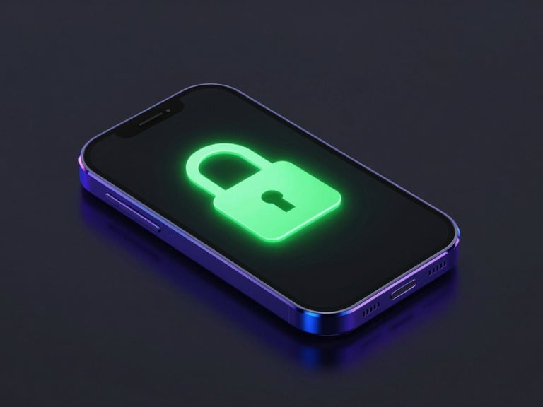 Sleek 3D render of a digital lock interface glowing with emerald green light, isometric device mockup, dark studio lighting