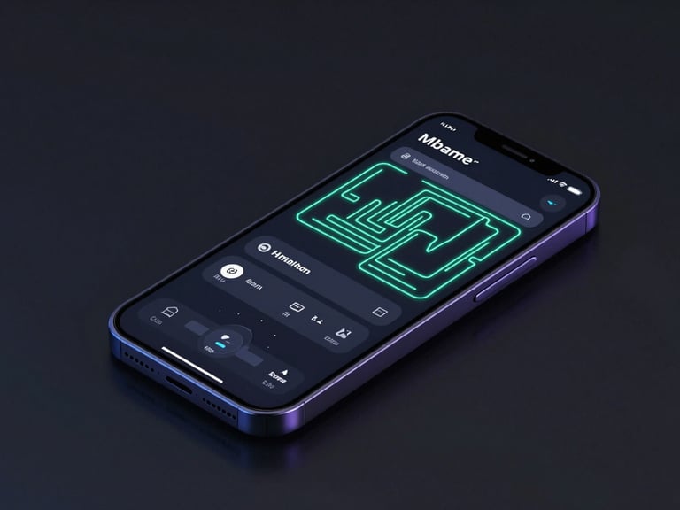 Sleek 3D render of a dark mobile interface glowing with neon emerald lines, showing a clean system monitor, isometric perspective, dark studio lighting