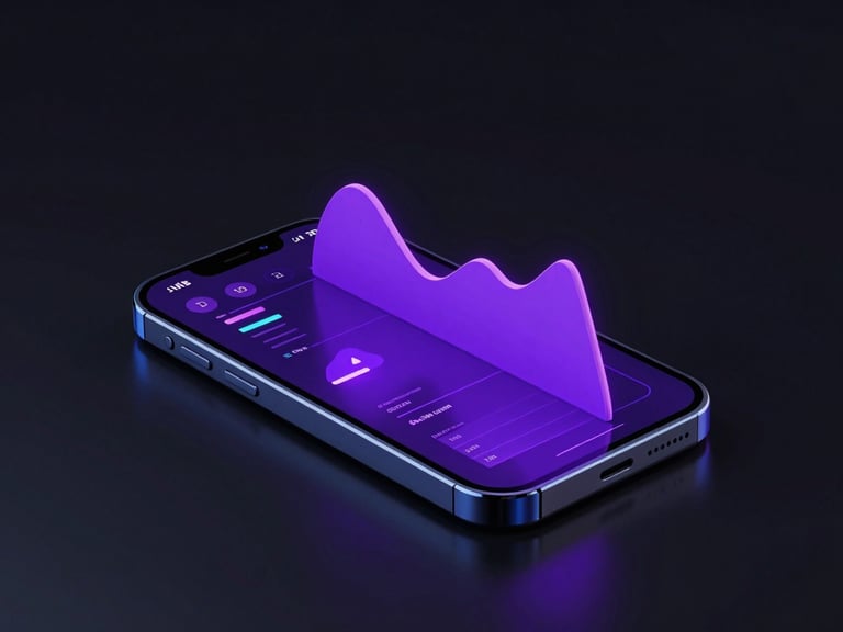 Sleek 3D render of a mobile screen displaying neon purple system graphs, dark ambient background, isometric perspective