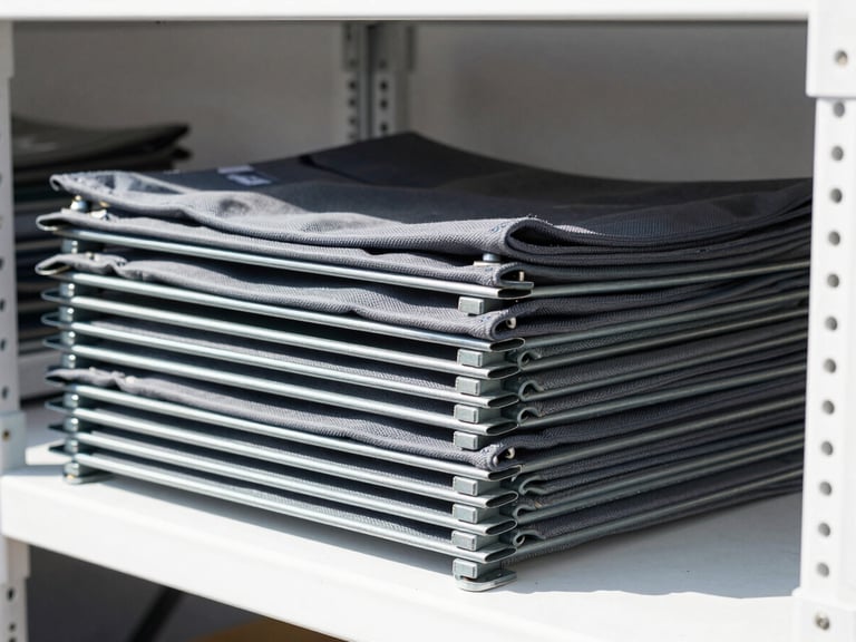 Straight-on catalog shot of durable canvas and steel hardware stacked on clean industrial shelving, bright natural daylight, high contrast