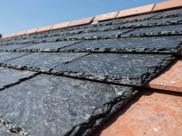 Detailed macro shot of dark slate textures newly laid on a roof, clean parallel lines against a clear blue sky, editorial construction photography