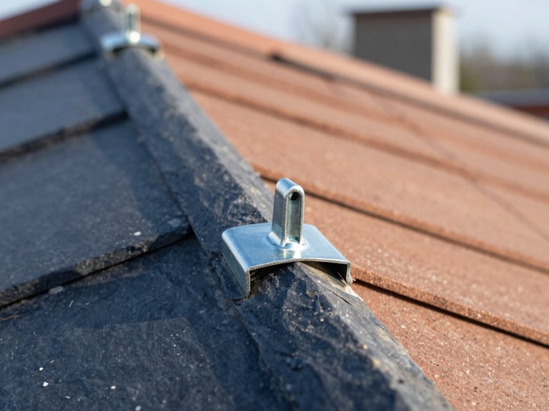Close-up of hand-worked zinc joints on a steep roof, crisp morning sun highlighting the metallic texture and precise craftsmanship, sharp focus, 35mm