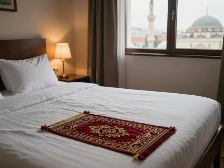 Neat twin-bed hotel room with clean white linens, a prayer mat folded at the foot of the bed, warm tungsten bedside lamp light, view through window showing mosque minaret at close distance — medium interior shot, documentary