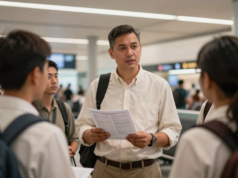 A pilgrim guide in neat modest clothing speaking calmly to a small group of pilgrims inside an airport terminal lounge, holding a printed itinerary sheet, warm ambient terminal light, medium shot — documentary, practical