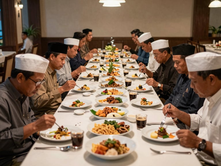 Long dining table in a hotel breakfast room, Indonesian-style dishes laid out in serving bowls, pilgrims in modest travel clothing seated quietly before eating, warm tungsten overhead light, wide medium shot — documentary, everyday
