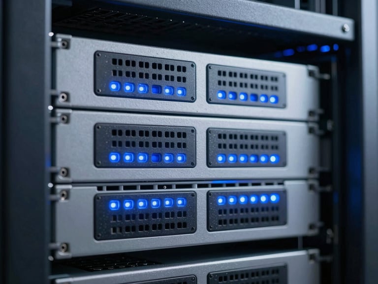 Macro technical photograph of clean server racks with glowing blue indicators, cool studio lighting with electric blue accents, 50mm