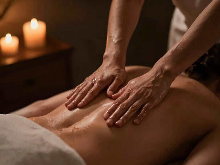 Dimly lit luxury spa room with warm amber candlelight, hands massaging a back with premium bronze oil, close-up, shallow depth of field